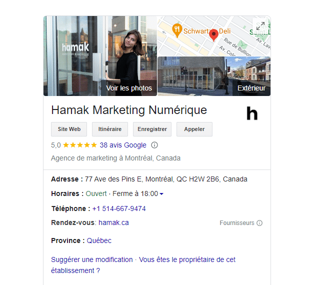 La fiche d'établissement Google My Business de l'agence de marketing numérique Hamak qui apparaît dans les résultats de recherche.